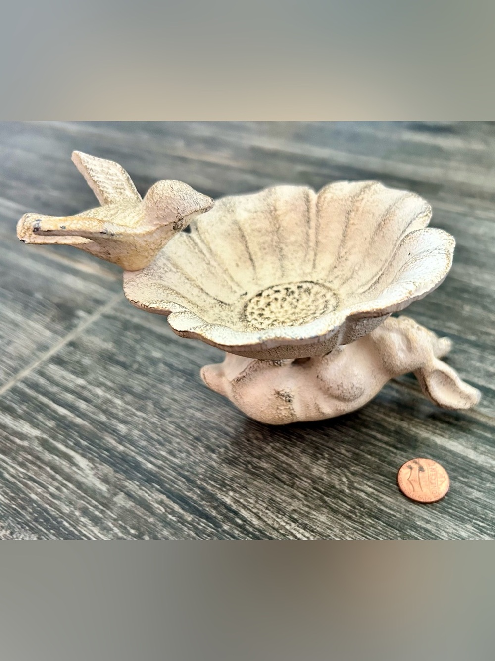 Small Bird & Flower Decorative Trinket birdbath cream iron shabby chic boho